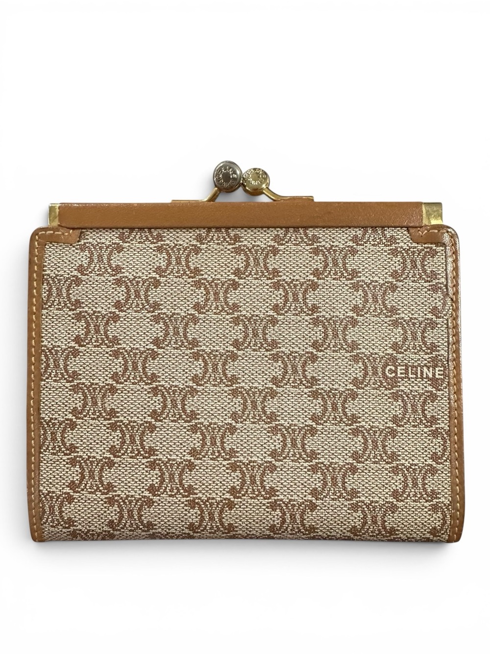 Celine Beige Macadam Canvas & Leather Kisslock Card & Coin Holder Pouch